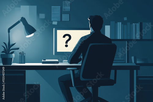 Image of a person working in an office and asking himself something, with a question mark