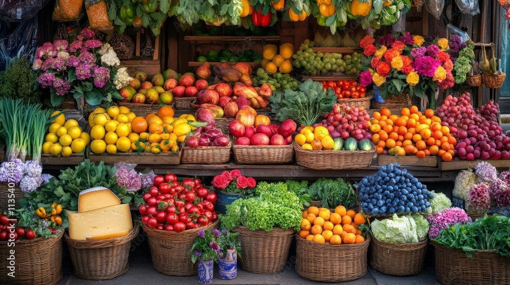 A Colorful Array of Fresh Fruits and Vegetables at a Market A Colorful Array of Fresh Fruits and Vegetables at a Market