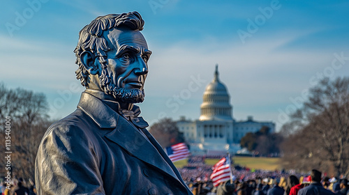 A statue of Abraham Lincoln stands in the foreground with the U.S. Capitol in the background. photo