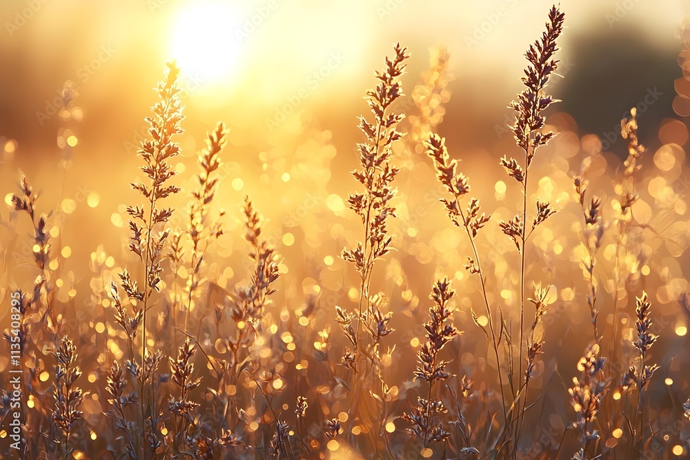 Golden sunlight bathes the delicate wildflowers in a warm glow, capturing the serene beauty of nature during golden hour. A peaceful and enchanting scene.