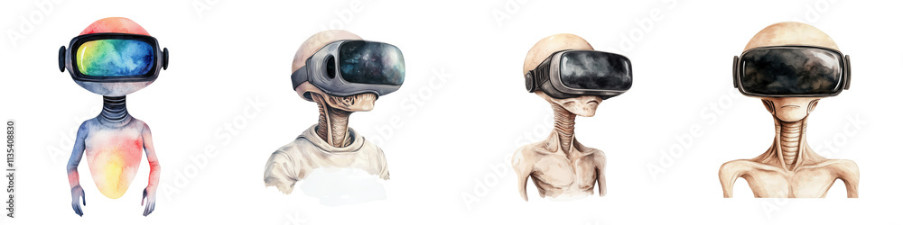 Fototapeta premium Alien characters in virtual reality headsets, exploring new worlds, isolated on transparent background.