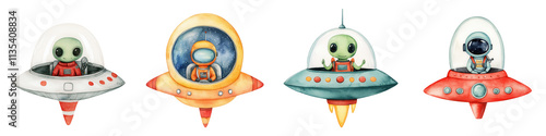 Colorful alien pilots in unique UFOs, showcasing whimsical space adventure, isolated on transparent background. photo