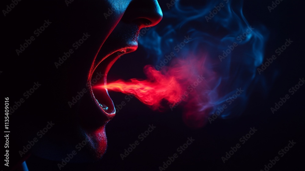Close-up profile of person exhaling red and blue smoke from mouth. Close-up profile of person exhaling red and blue smoke from mouth.