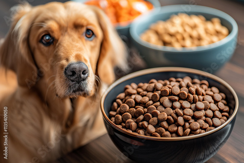 A curious dog looking at a bowl of dry canine food, showcasing pet meal and nutrition essentials photo