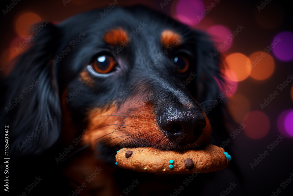 Adorable dachshund puppy holding a cookie treat, with bokeh background and cute expression Adorable dachshund puppy holding a cookie treat, with bokeh background and cute expression