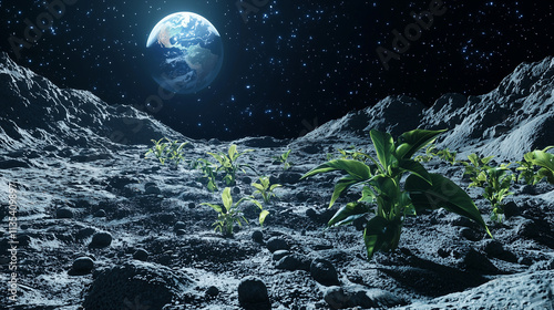 A digital rendering shows green plants sprouting on the grey, cratered lunar surface. Earth, brilliantly lit, hangs in the dark sky above. This depicts potential space colonization. photo