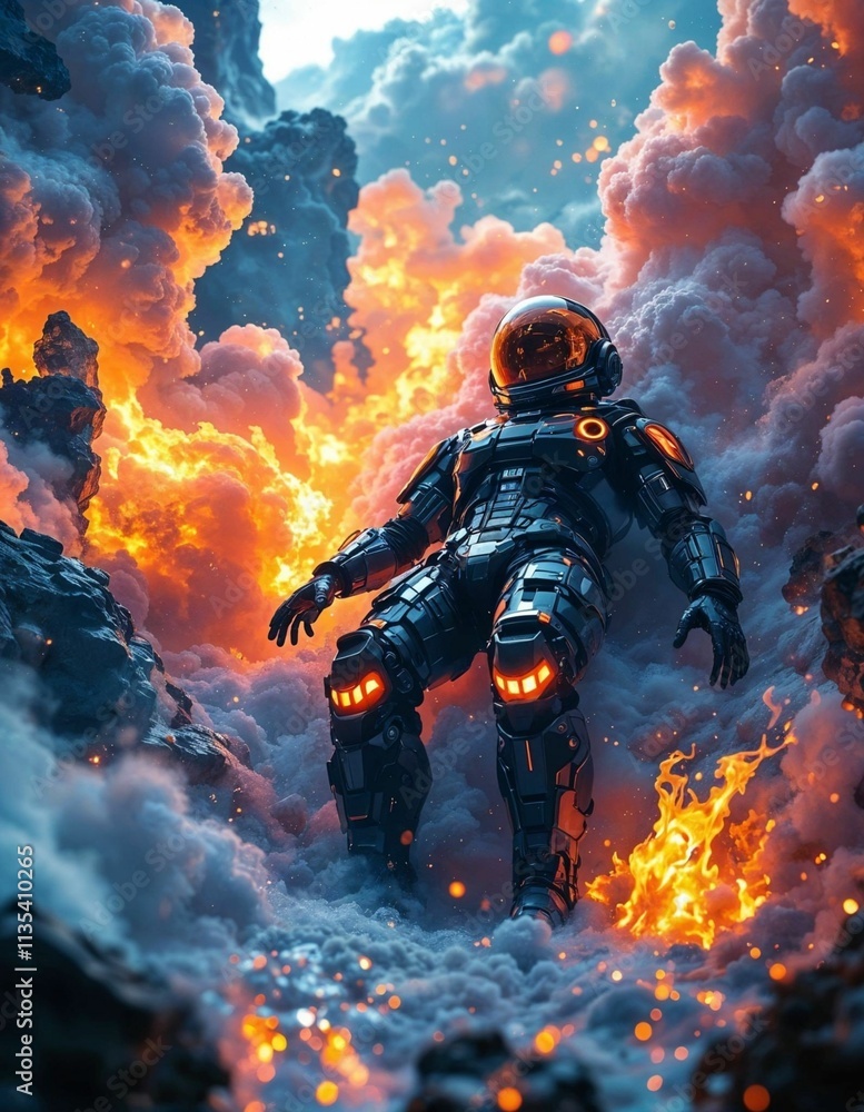 Fototapeta premium Futuristic astronaut in the fire. 3d illustration. Fantasy.