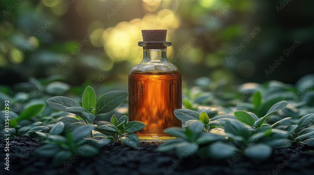 Amber liquid in glass bottle amongst lush greenery. Amber liquid in glass bottle amongst lush greenery.