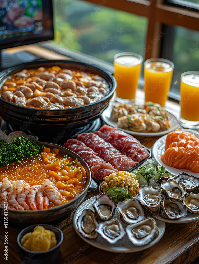 Obraz premium A Lavish Table Spread Featuring Open-Air Hot Pot and Seafood