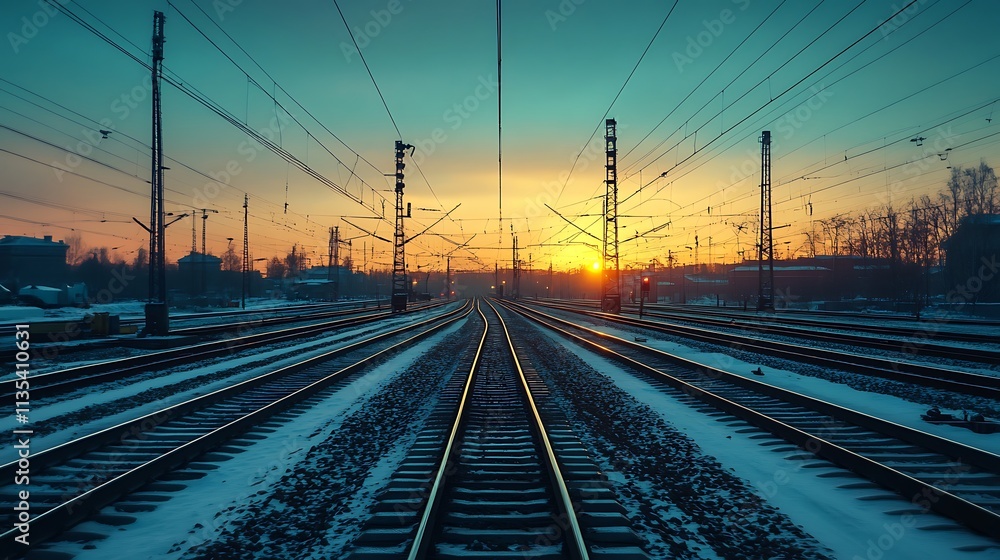 Sunrise over railway tracks. Concept of travel, transportation, and journey. Sunrise over railway tracks. Concept of travel, transportation, and journey.