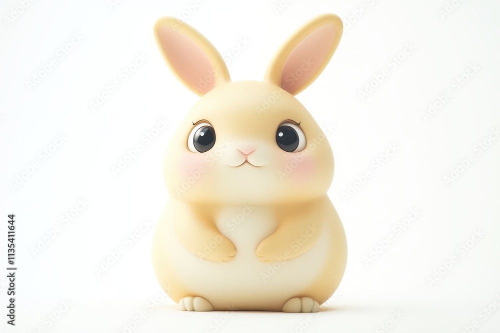 Fototapeta premium Chubby beige bunny with large eyes, sitting on a white background.