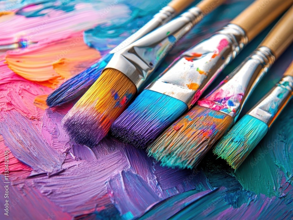 Fototapeta premium Paintbrushes with vibrant bristles, soft lighting, cozy art studio
