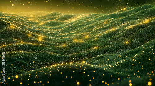 A digital rendering depicts undulating green hills illuminated by countless golden particles, creating a magical, ethereal landscape. The scene evokes a sense of wonder and mystery. photo