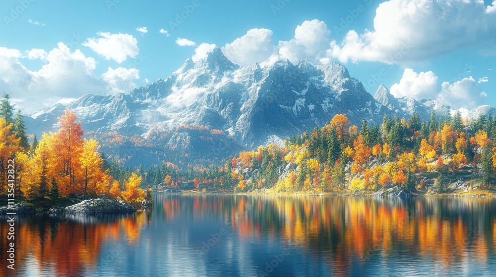 Autumnal mountain lake scenery with vibrant fall foliage reflected in calm water, snow-capped peaks, and a clear blue sky. Autumnal mountain lake scenery with vibrant fall foliage reflected in calm water, snow-capped peaks, and a clear blue sky.