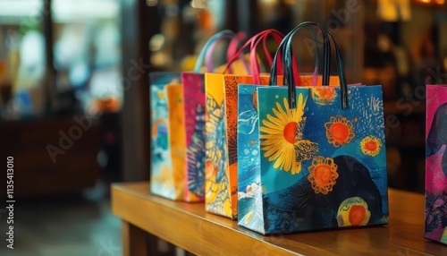 Wallpaper Mural Shopping bags with vibrant designs, soft lighting, cozy retail environment Torontodigital.ca