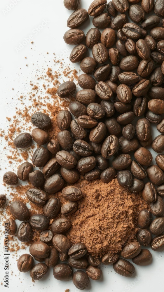 Dark roasted coffee beans and freshly ground coffee powder, ground coffee,caffeinated Dark roasted coffee beans and freshly ground coffee powder, ground coffee,caffeinated
