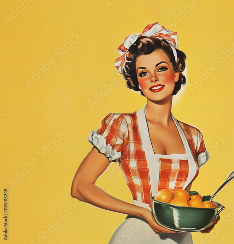 a 1950s advertising illustration of a woman house wife on yellow background, room for text