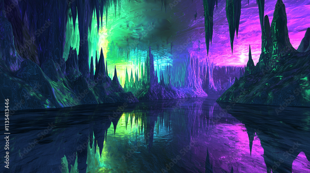 A digital rendering of a fantastical cave. Glowing, colorful formations rise from a reflective, still lake. Auroralike light fills the cavern. A digital rendering of a fantastical cave. Glowing, colorful formations rise from a reflective, still lake. Auroralike light fills the cavern.