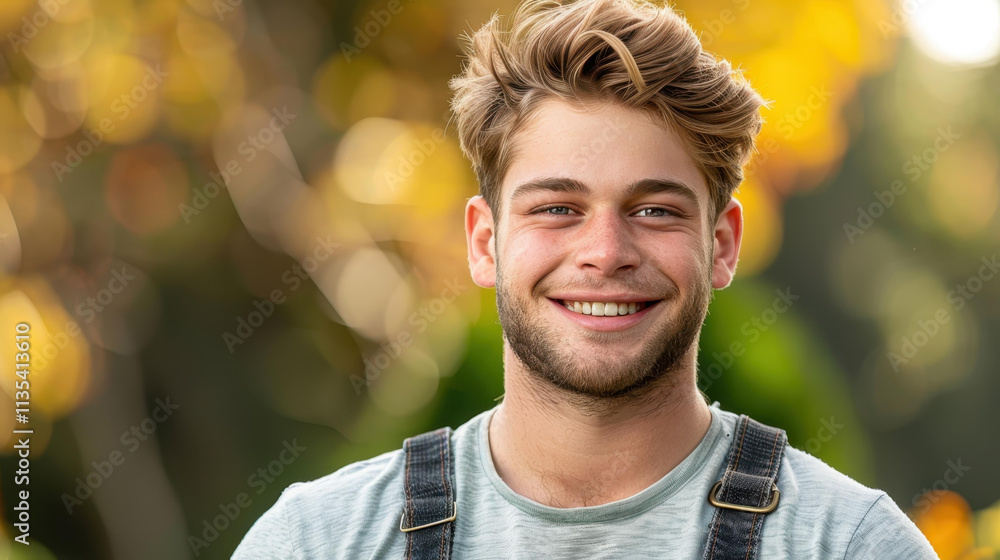 A strong young farmhand in overalls, embodying rugged charm and the essence of rural life. A strong young farmhand in overalls, embodying rugged charm and the essence of rural life.