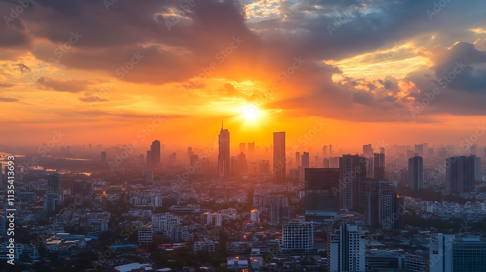 Obraz premium Sunset over Bangkok cityscape. Concept of urban life, vibrant city, and golden hour.