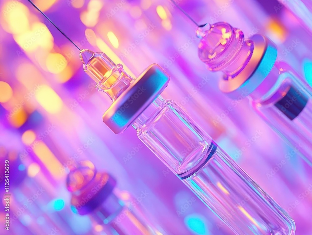 Syringe and vial with vibrant lighting, soft glow, sleek medical setting Syringe and vial with vibrant lighting, soft glow, sleek medical setting