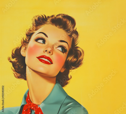 a 1950s advertising illustration of a woman on yellow background, room for text
