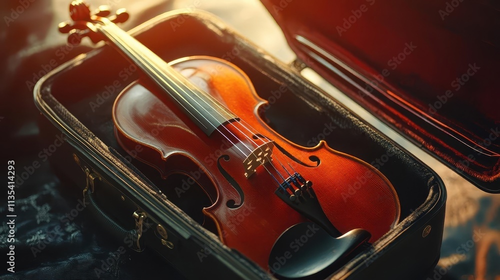 Violin in case with vibrant lighting, soft glow, elegant atmosphere Violin in case with vibrant lighting, soft glow, elegant atmosphere