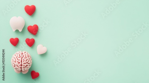 A serene and thoughtful background for World Mental Health Day with brain icons, hearts, and support symbols against a light green background photo