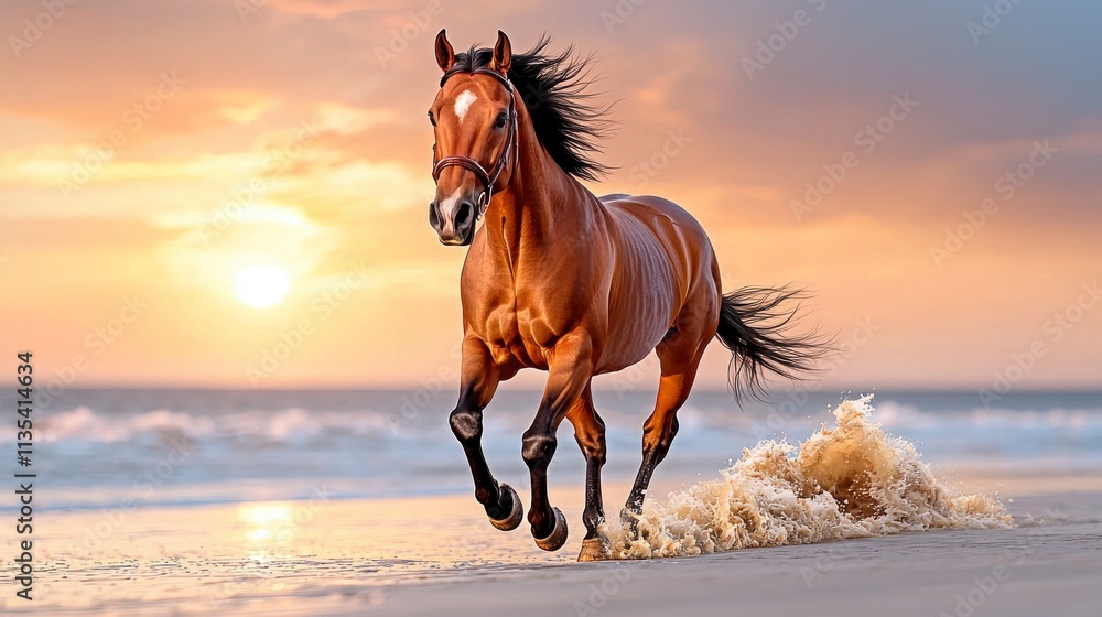 Majestic Brown Horse Galloping Along the Beach at Sunset with Splashes of Water and Warm Golden Sky Creating a Serene and Inspiring Coastal Scene