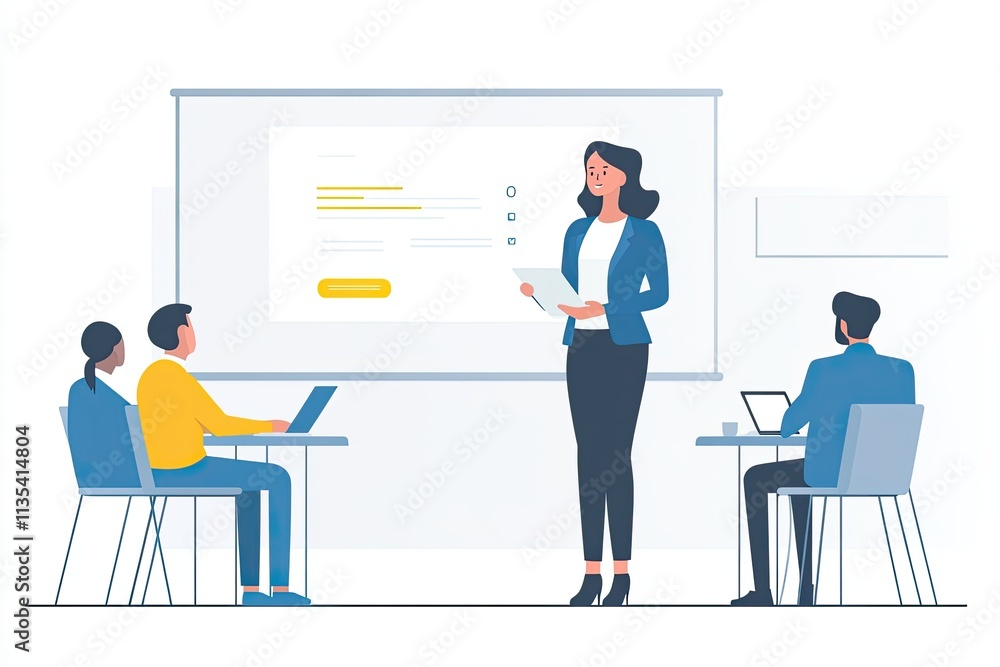 Obraz premium A teacher is standing in front of a white board with a group of students