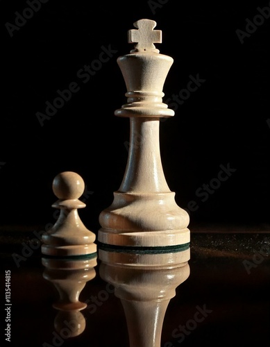 White chess queen stands proudly on a mirror surface, its reflection visible beneath, showcasing sharp contrast with nearby pawn's simple form, creating an intriguing visual representation of power, s photo