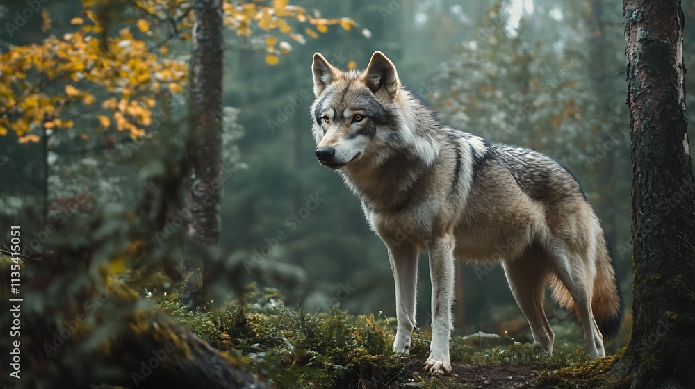 Majestic Wolf in Autumn Forest. Wildlife, Nature, Wilderness. Majestic Wolf in Autumn Forest. Wildlife, Nature, Wilderness.