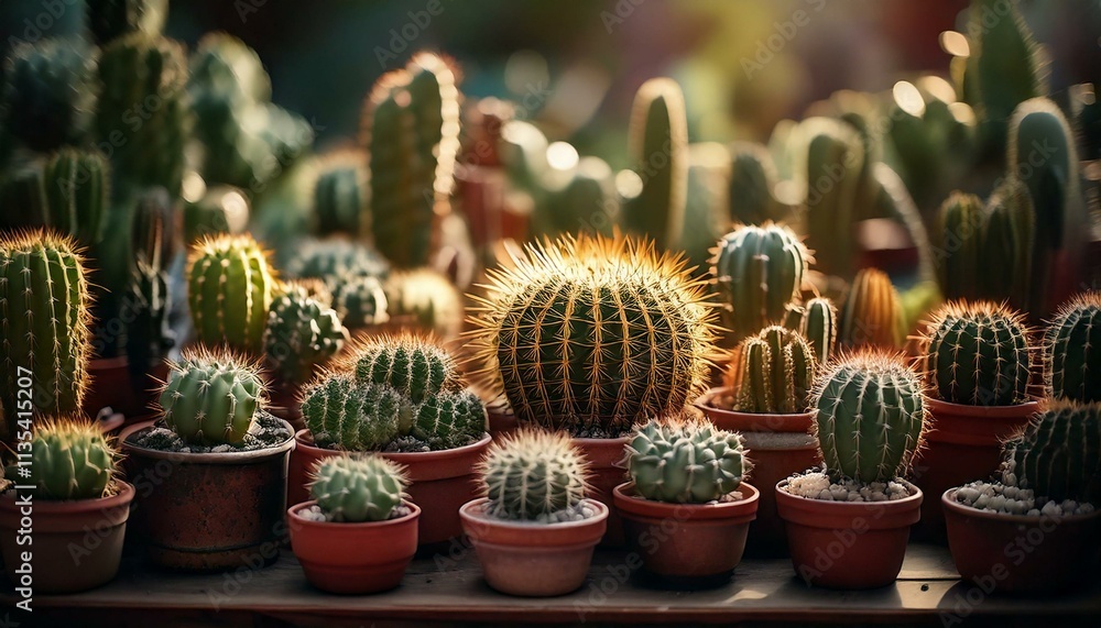A close-up view of a diverse collection of miniature cacti in small, colorful pots. Various species, textures, shapes, and sizes are visible, showcasing their unique, vibrant, spiky, and green feature A close-up view of a diverse collection of miniature cacti in small, colorful pots. Various species, textures, shapes, and sizes are visible, showcasing their unique, vibrant, spiky, and green feature
