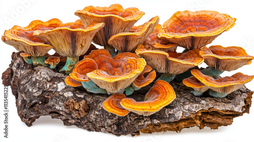 A vivid collection of orange and teal mushrooms with unique twisting stems and caps, arranged on a textured bark surface. White background ensuring complete distinction from the subject. Realistic gil photo