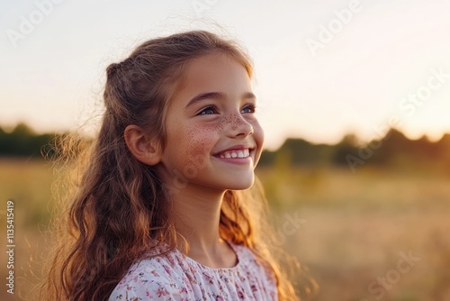 A cheerful girl with curly hair and freckles smiles brightly in a sunlit meadow, embodying the essence of youth and happiness against a beautiful backdrop.