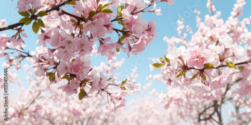 Delicate pink cherry blossom branches frame a vibrant spring scene, border, card