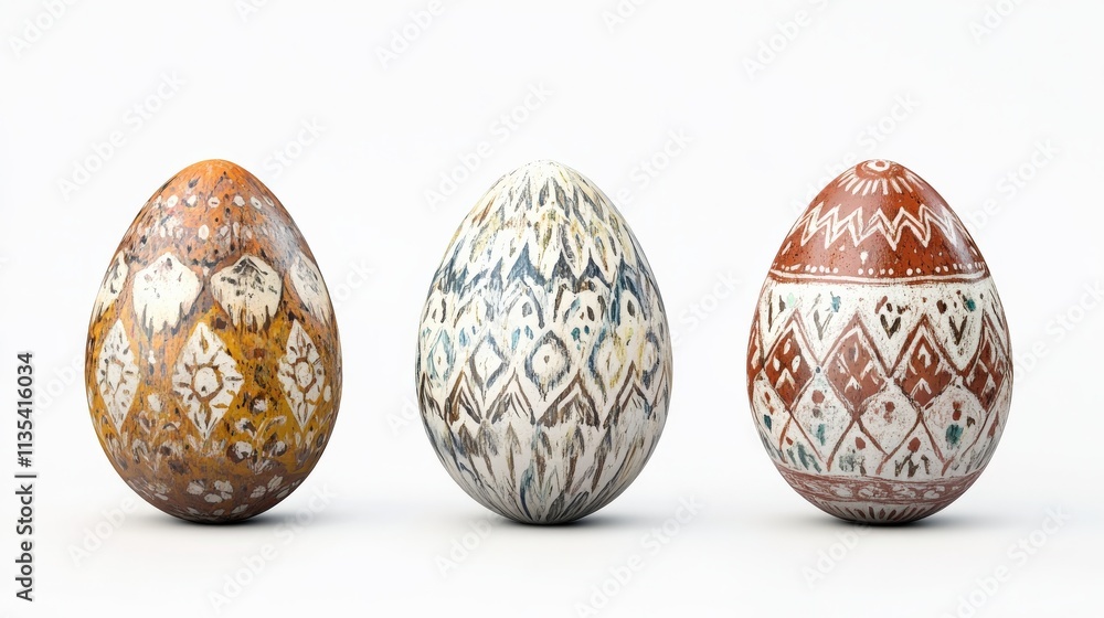 A collection of three intricately designed patterned eggs, showcasing artistic styles with geometric shapes and colors. A collection of three intricately designed patterned eggs, showcasing artistic styles with geometric shapes and colors.