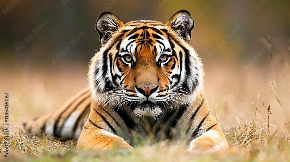 Fototapeta Majestic Siberian Tiger in Autumn Meadow. Wildlife, Predator, Nature