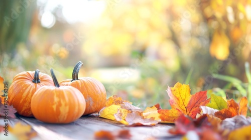 A serene Autumn Harvest scene with pumpkins and colorful leaves against a rustic farm backdrop, macro shot, Minimalist style photo