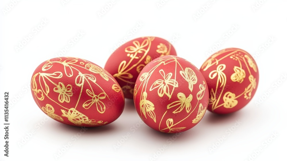 A stunning display of red eggs adorned with elegant gold designs, perfect for Easter celebrations and artistic expression. A stunning display of red eggs adorned with elegant gold designs, perfect for Easter celebrations and artistic expression.