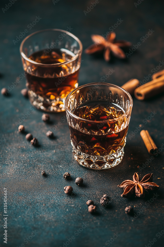 Festive setup with mulled wine, cinnamon sticks and star anise, cozy holiday feel Festive setup with mulled wine, cinnamon sticks and star anise, cozy holiday feel