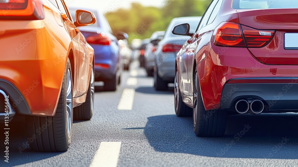 Traffic congestion during rush hour on a busy highway with multiple vehicles in view Traffic congestion during rush hour on a busy highway with multiple vehicles in view
