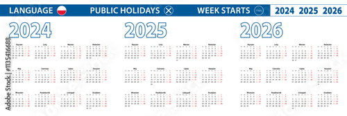 Simple calendar template in Polish for 2024, 2025, 2026 years. Week starts from Monday.