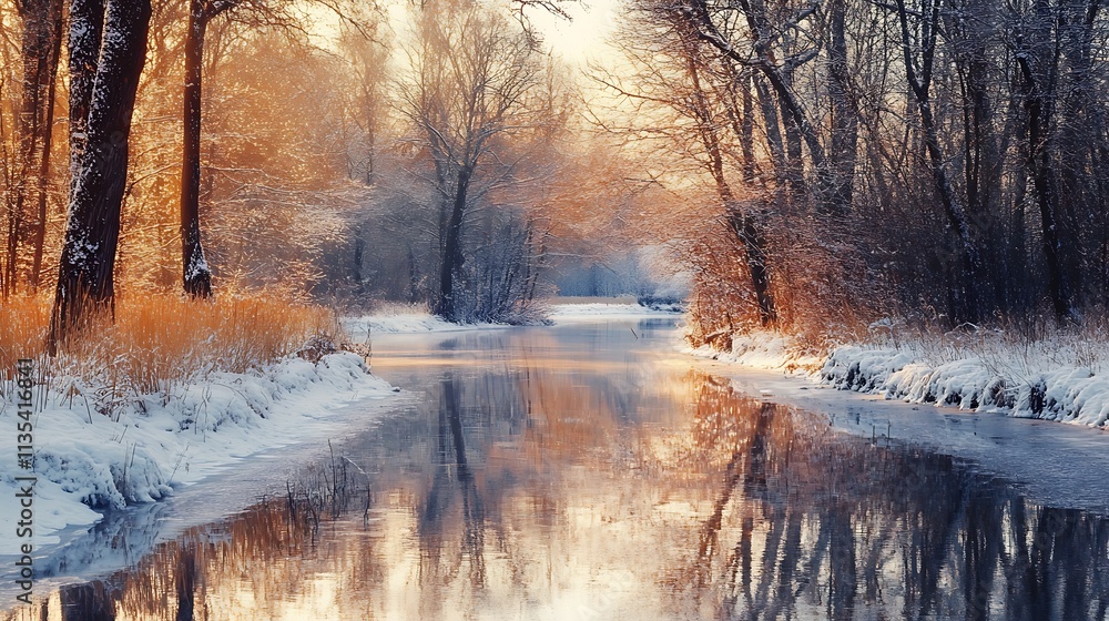 Winter Sunrise over Frozen River. Peaceful Winter Landscape, Tranquil Nature. Winter Sunrise over Frozen River. Peaceful Winter Landscape, Tranquil Nature.