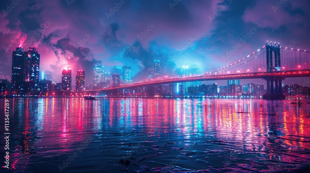 Fototapeta premium A vibrant cityscape at night with colorful reflections on water and illuminated buildings.