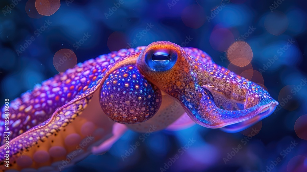 A vibrant close-up of a colorful squid under water, showcasing its unique textures and colors. A vibrant close-up of a colorful squid under water, showcasing its unique textures and colors.