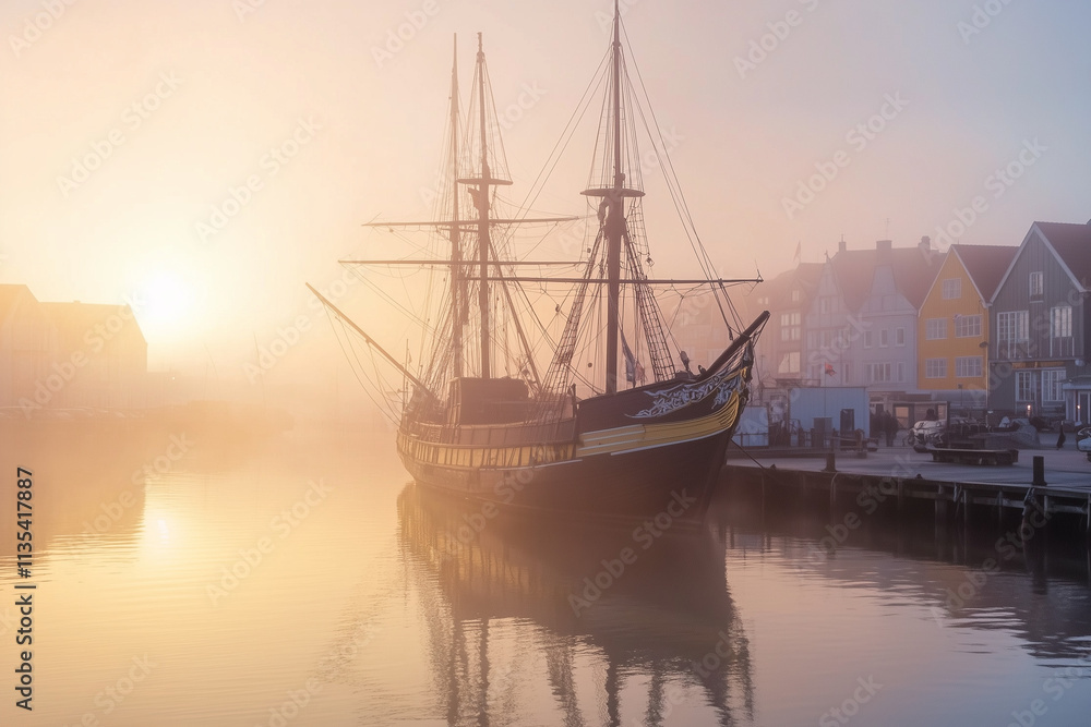 Old ship docked in a harbor at sunrise, soft mist, gentle tones, peaceful and historical atmosphere Old ship docked in a harbor at sunrise, soft mist, gentle tones, peaceful and historical atmosphere