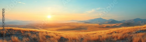 Sunrise over golden meadows scenic landscape photography vast natural environment tranquil viewpoint for serenity and beauty