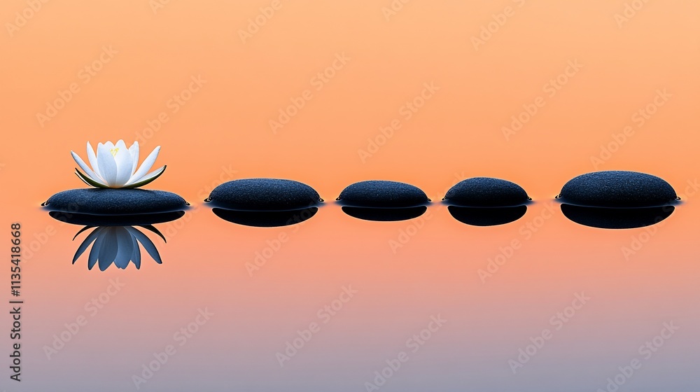 Serene sunset scene with lily and stepping stones. Serene sunset scene with lily and stepping stones.