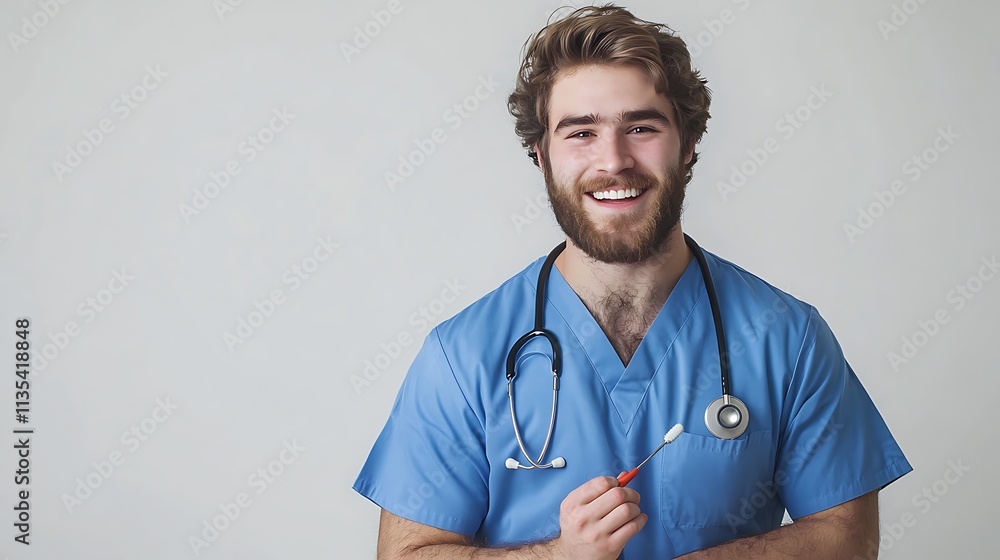 Young man in blue scrubs brushing his teeth, smiling at the camera. Young man in blue scrubs brushing his teeth, smiling at the camera.